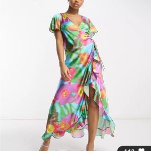 ASOS DESIGN ruffle detail wrap satin maxi dress in large bold floral print
